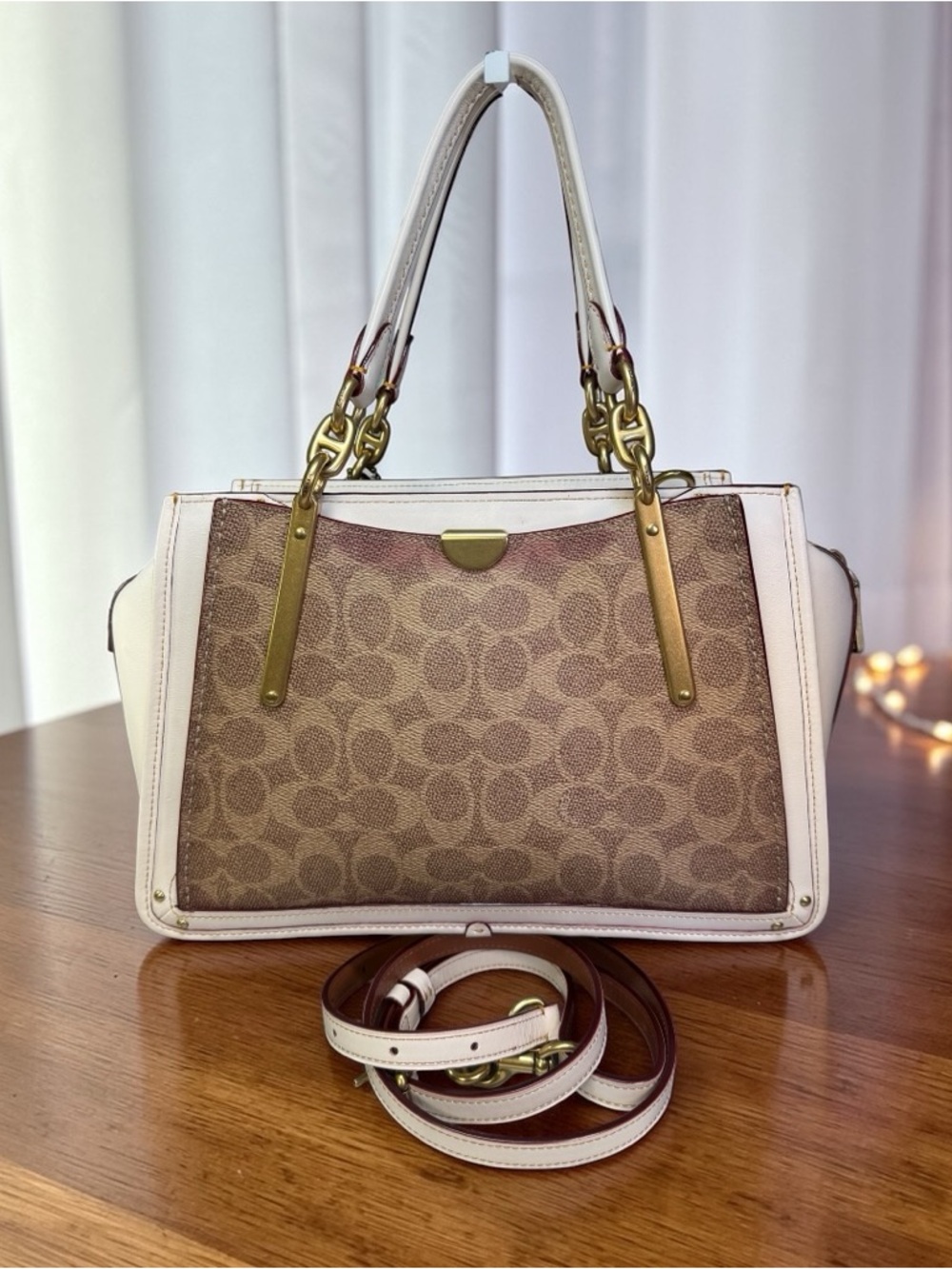 Coach Dreamer 27 Signature Canvas Chalk Leather Satchel Gold Tone w/ Strap - Picture 4 of 11